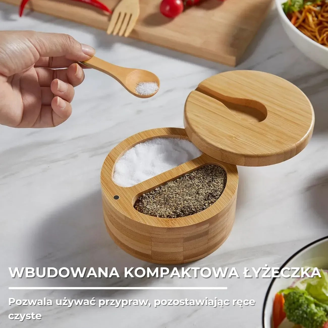 Elegancki pojemnik bambusowy na sól i pieprz z pokrywką i łyżeczką (91710001)