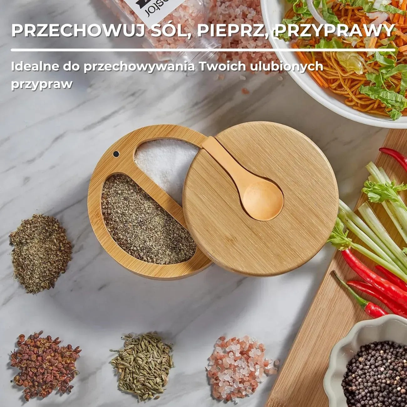 Elegancki pojemnik bambusowy na sól i pieprz z pokrywką i łyżeczką (91710001)