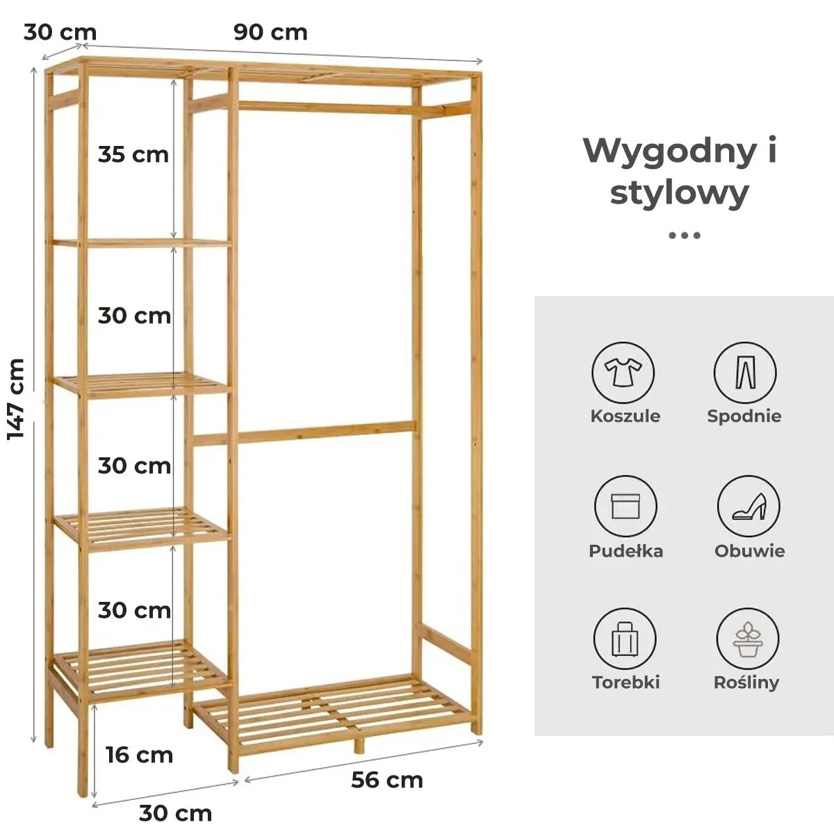 Stojak bambusowy na ubrania z półką i organizerem (91670001)