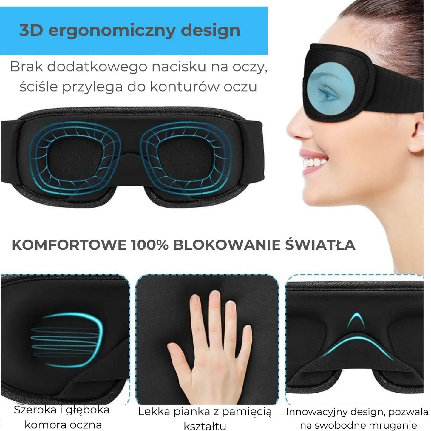 Opaska na oczy anatomiczna Premium do spania, oddychająca (89680001)